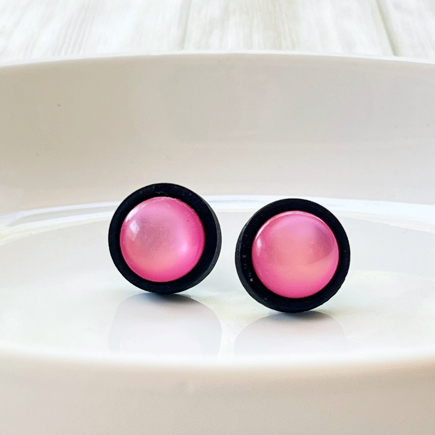 Pink Resin Black Wood Unisex Stud Earrings - Unique & Stylish Accessories