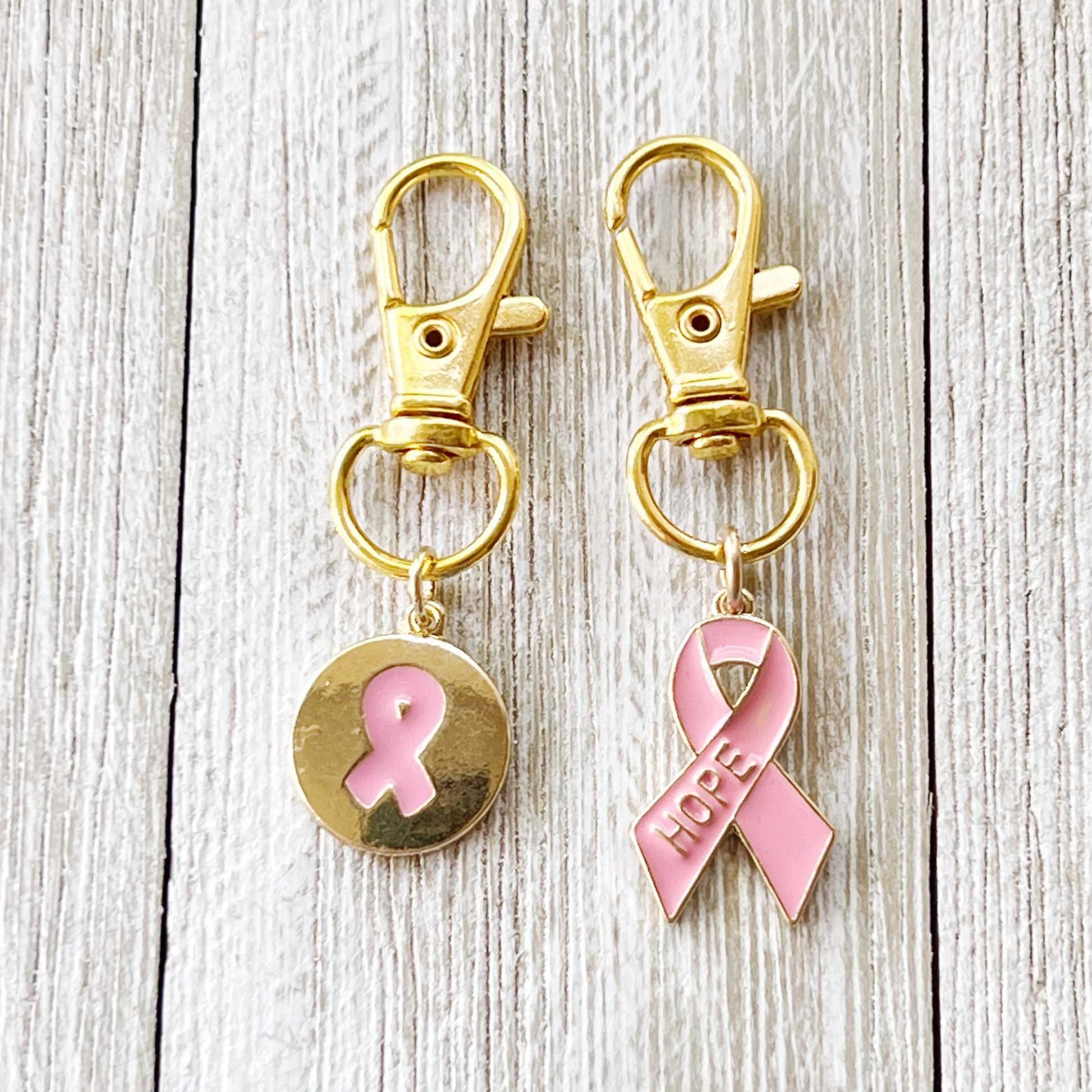 Pink Cancer Awareness Ribbon Zipper Pull Keychain Charm with Rhinestones