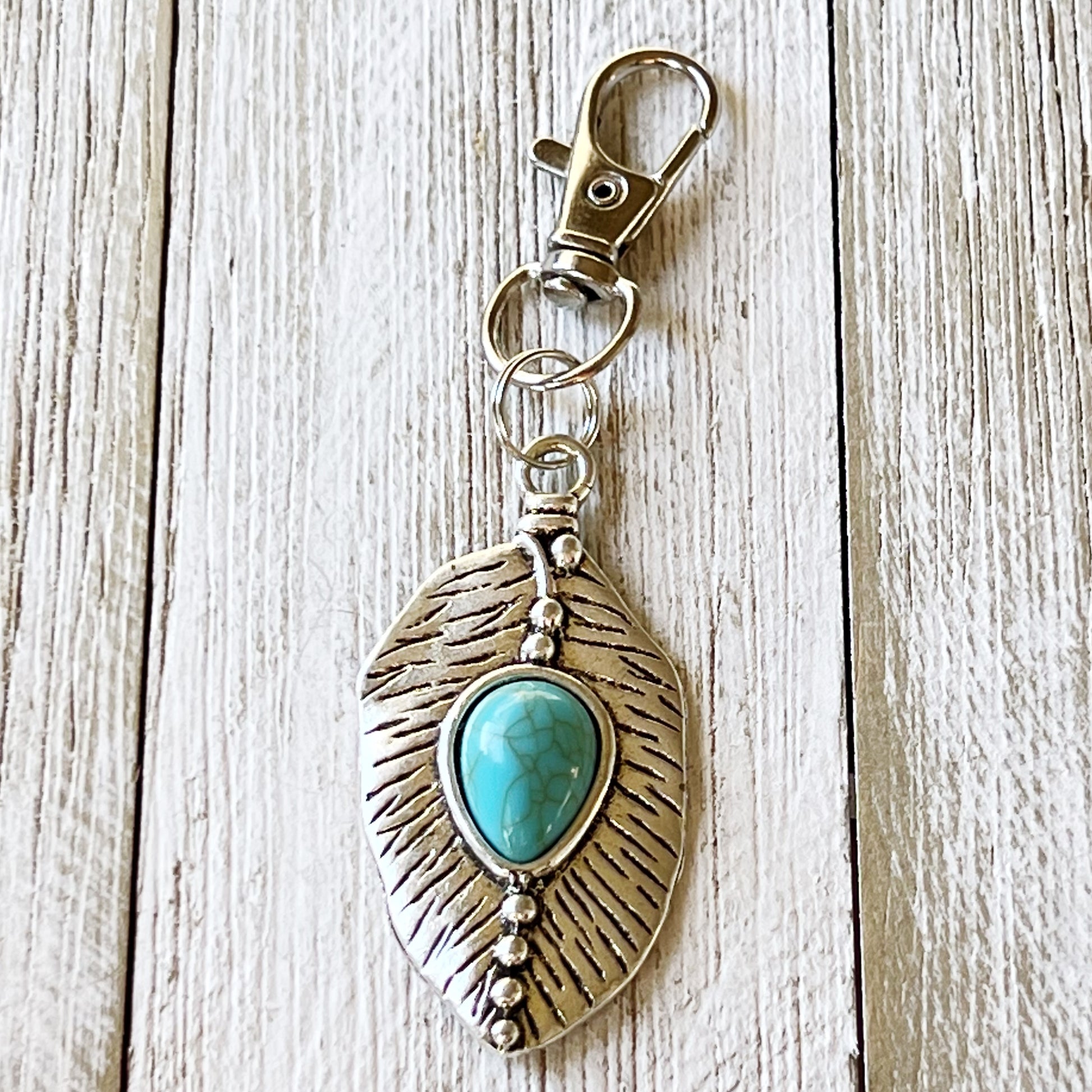 Small Turquoise Silver Feather Western Zipper Pull Keychain Charm