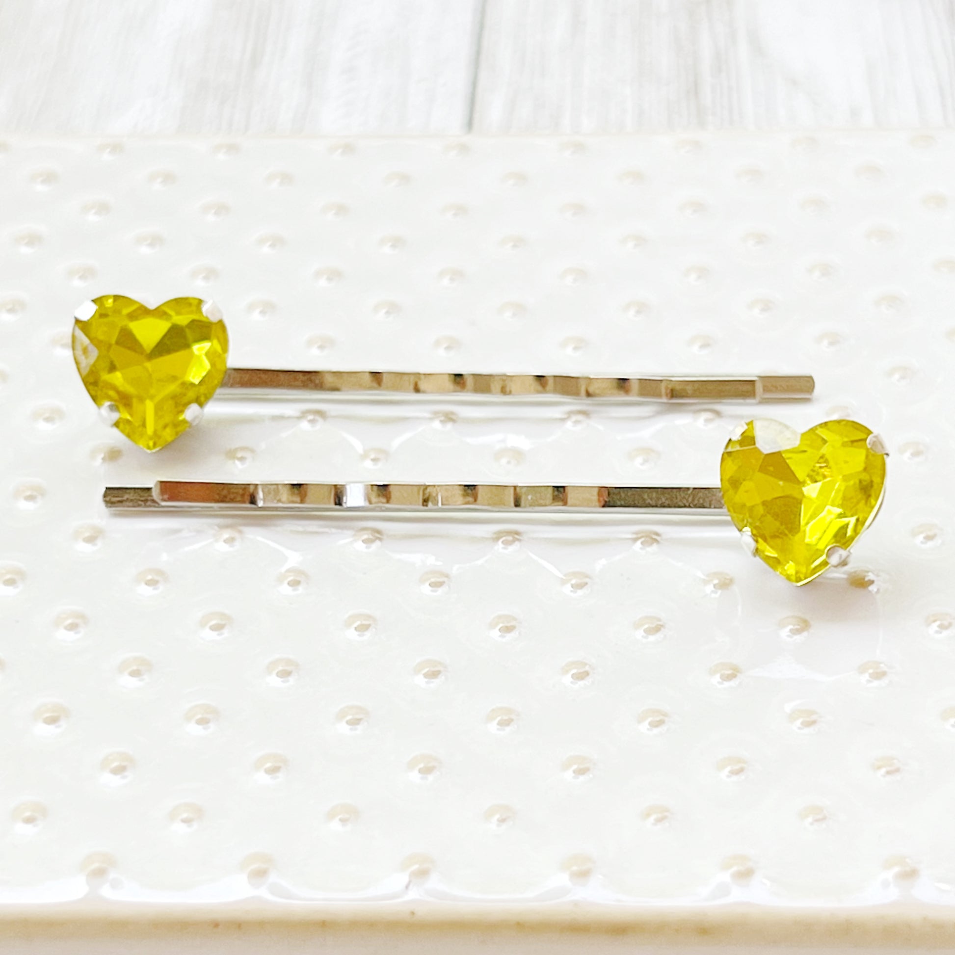 Yellow Rhinestone Heart Silver Hair Pins: Sparkling Romantic Accents