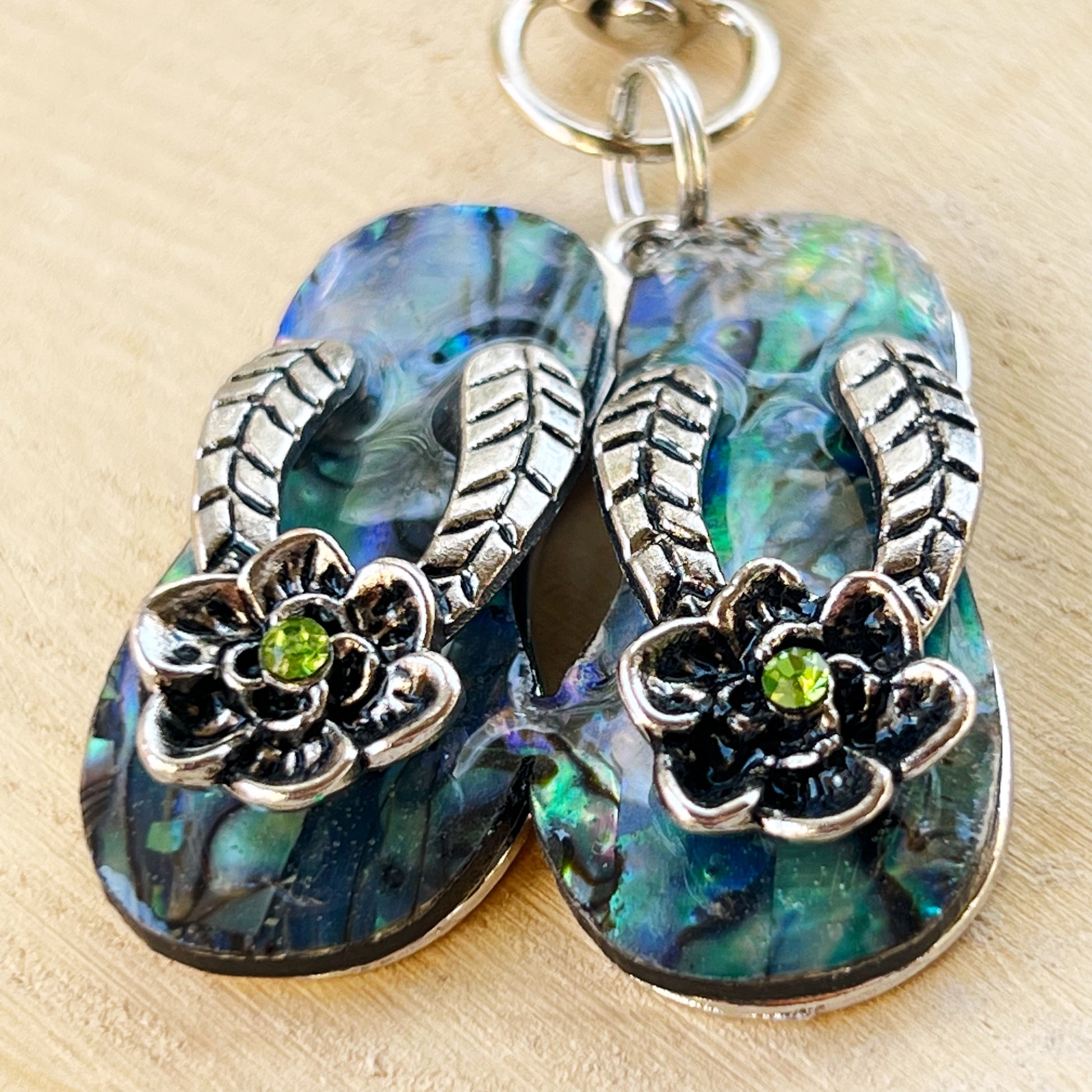 Flip Flop Floral Zipper Pull Keychain Purse Charm with Natural Abalone - Beachy Chic Accessory