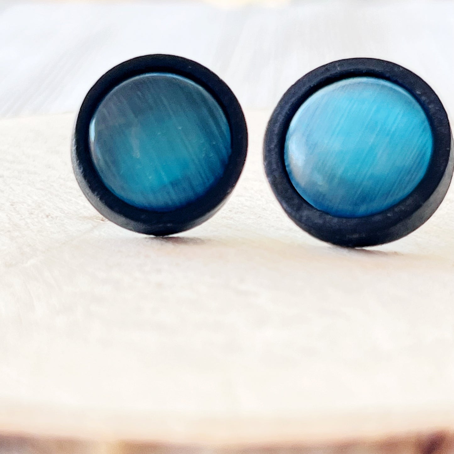 Blue Glass Black Wood Unisex Stud Earrings - Stylish & Versatile Accessories