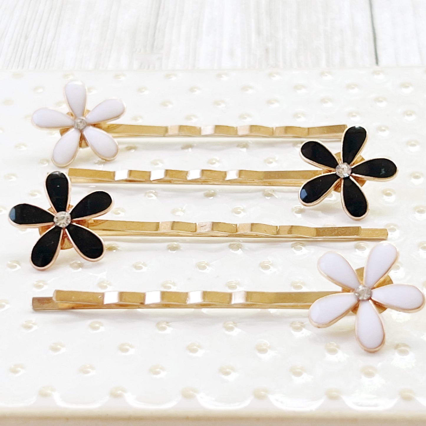 Black & White Enamel Rhinestone Flower Hair Pins - Elegant Floral Hair Accessories