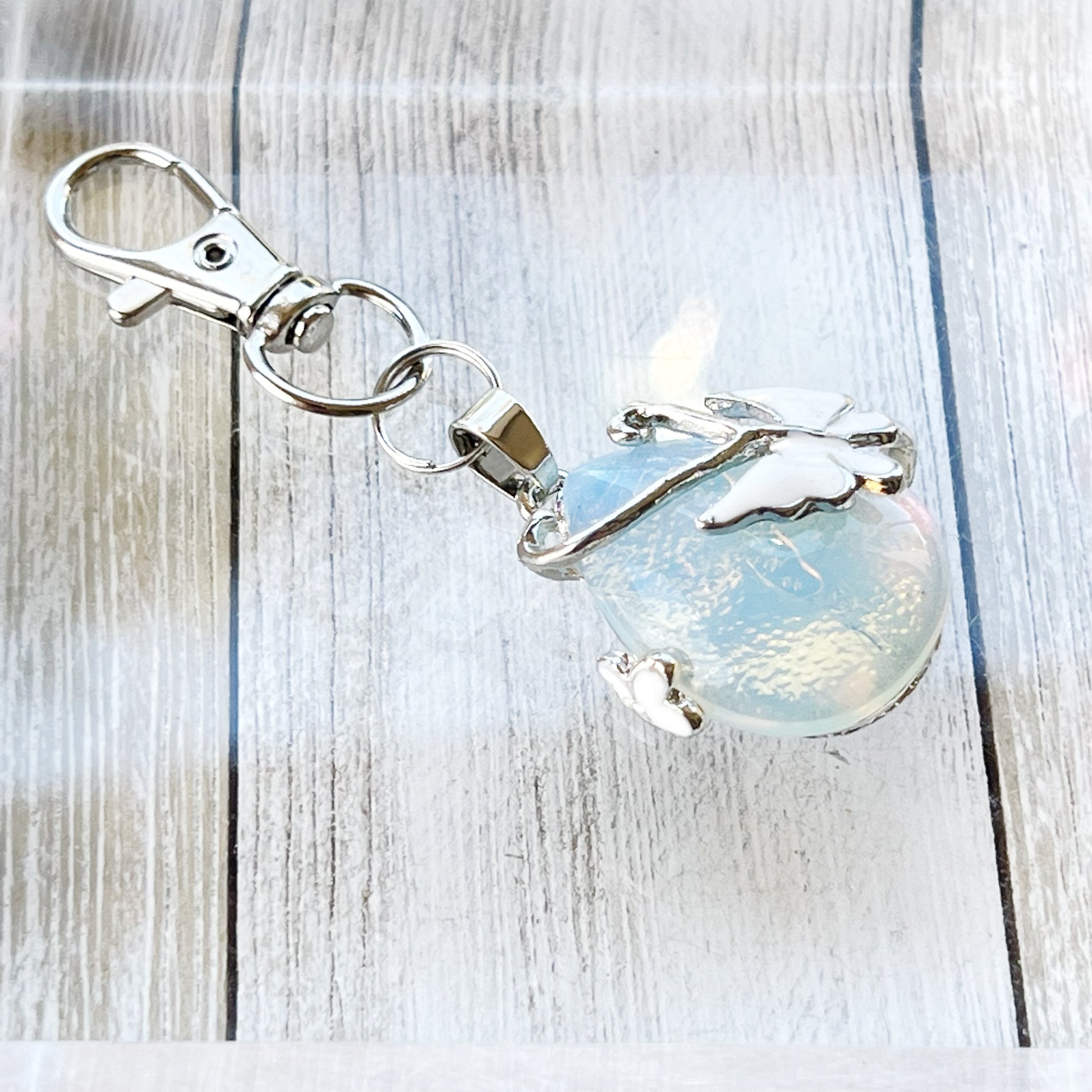 White Butterfly Wrapped Stone Zipper Pull Keychain Charm