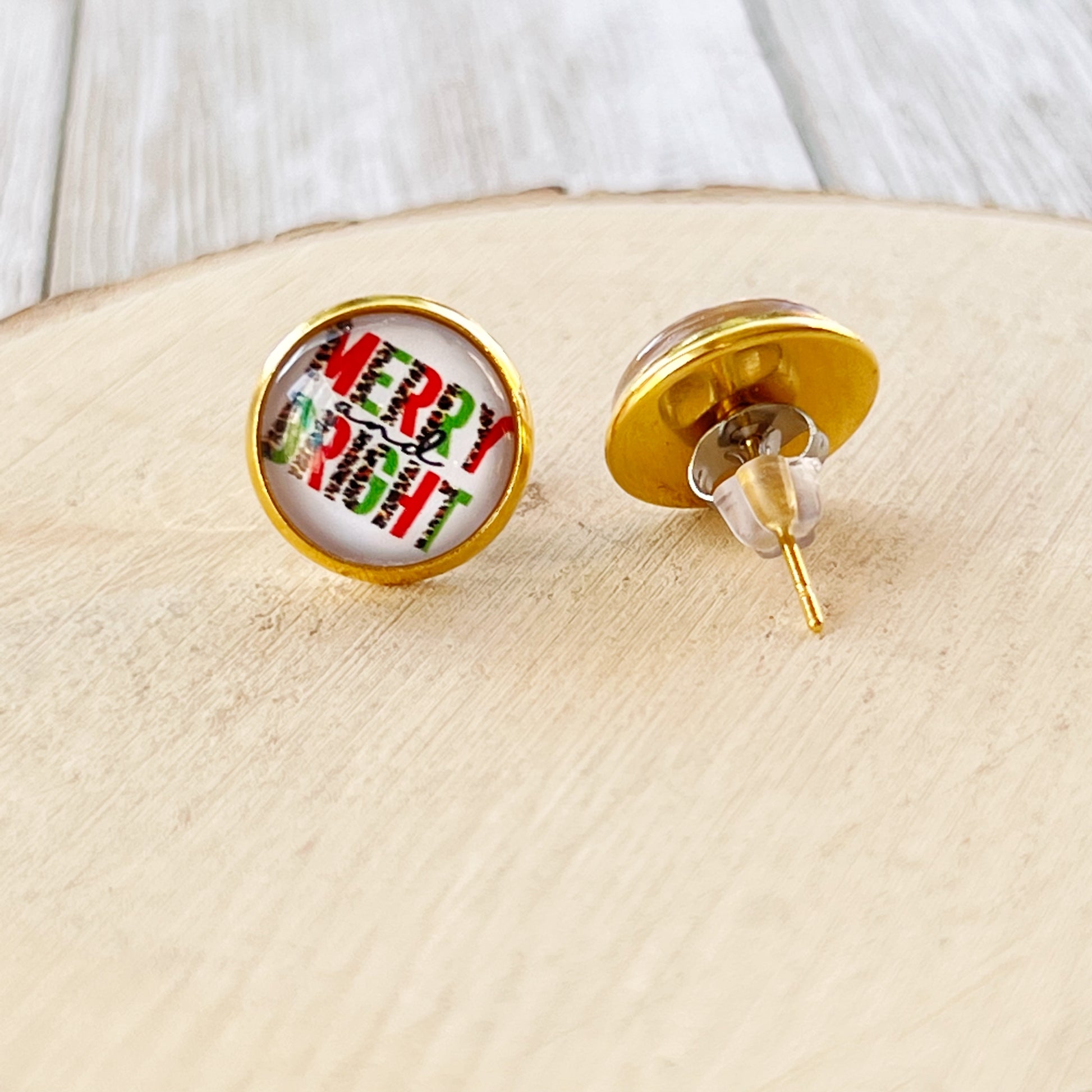 Merry & Bright Gold Christmas Stud Earrings - Festive Holiday Accessories