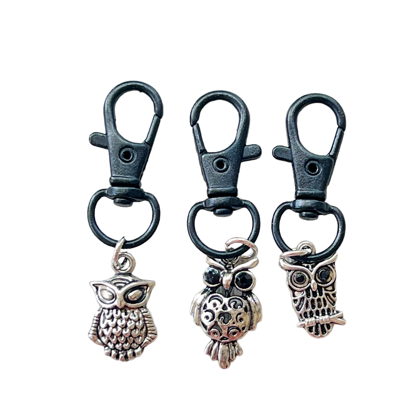 Set of 3 Silver Owl Purse Charms with Rhinestone Accents