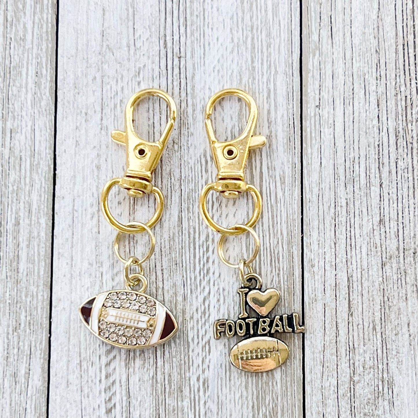 I Love Football Zipper Pull Keychain Charm with Rhinestones