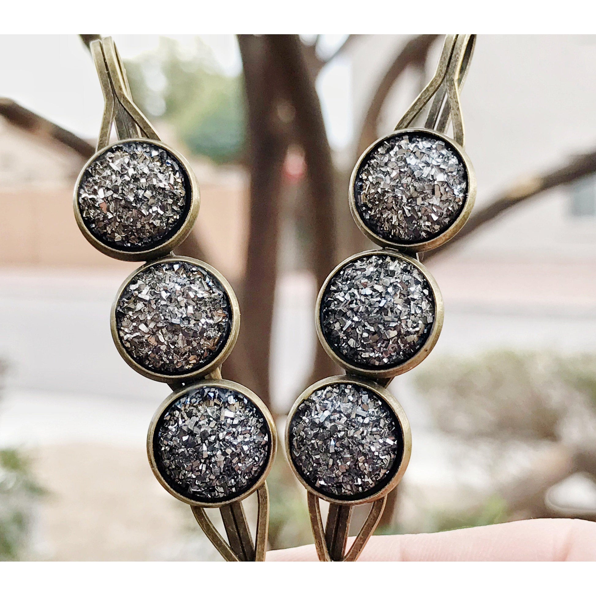 Slate Gray Metallic Druzy Hair Pins- Stylish & Elegant Hair Accessory