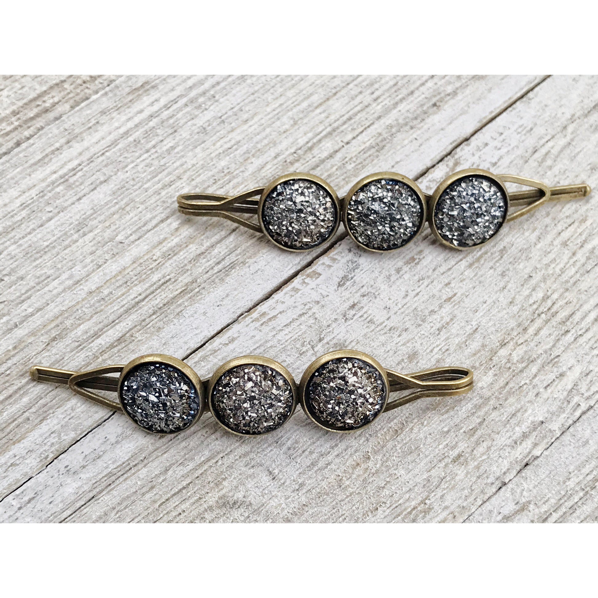 Slate Gray Metallic Druzy Hair Pins- Stylish & Elegant Hair Accessory