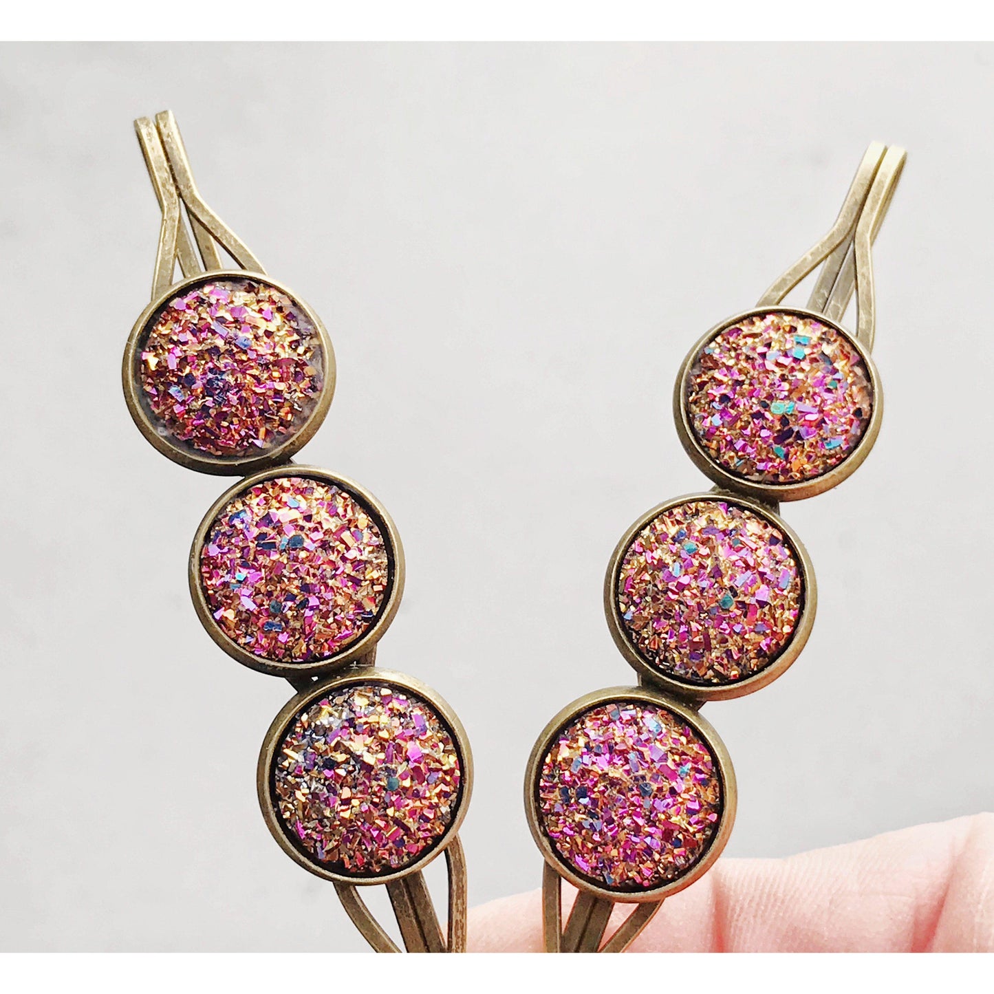 Pink Metallic Glitter Druzy Hair Pins - Sparkling & Glamorous Hair Accessories