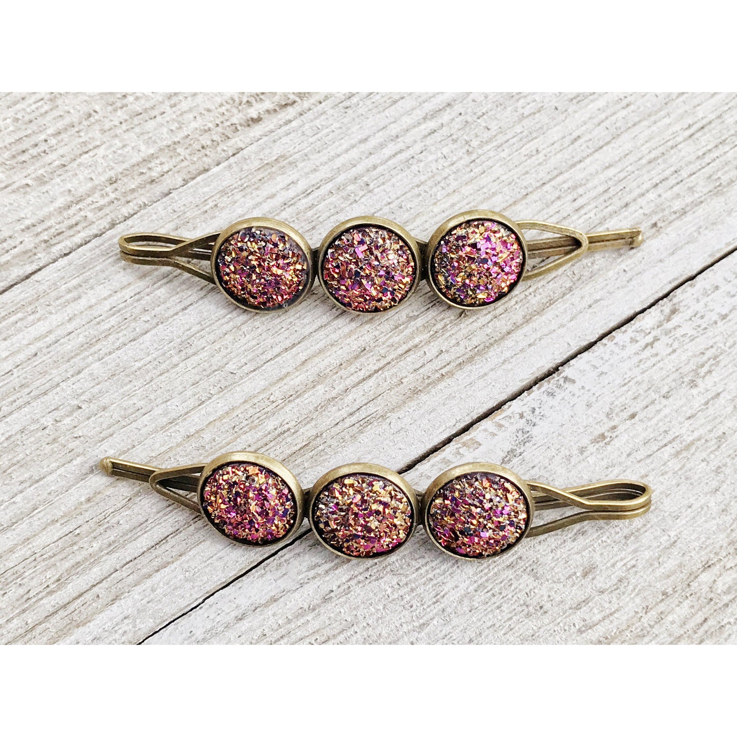 Pink Metallic Glitter Druzy Hair Pins - Sparkling & Glamorous Hair Accessories