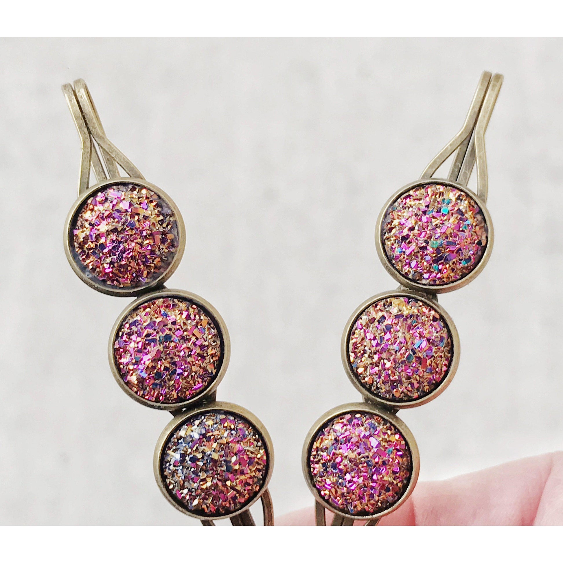 Pink Metallic Glitter Druzy Hair Pins - Sparkling & Glamorous Hair Accessories