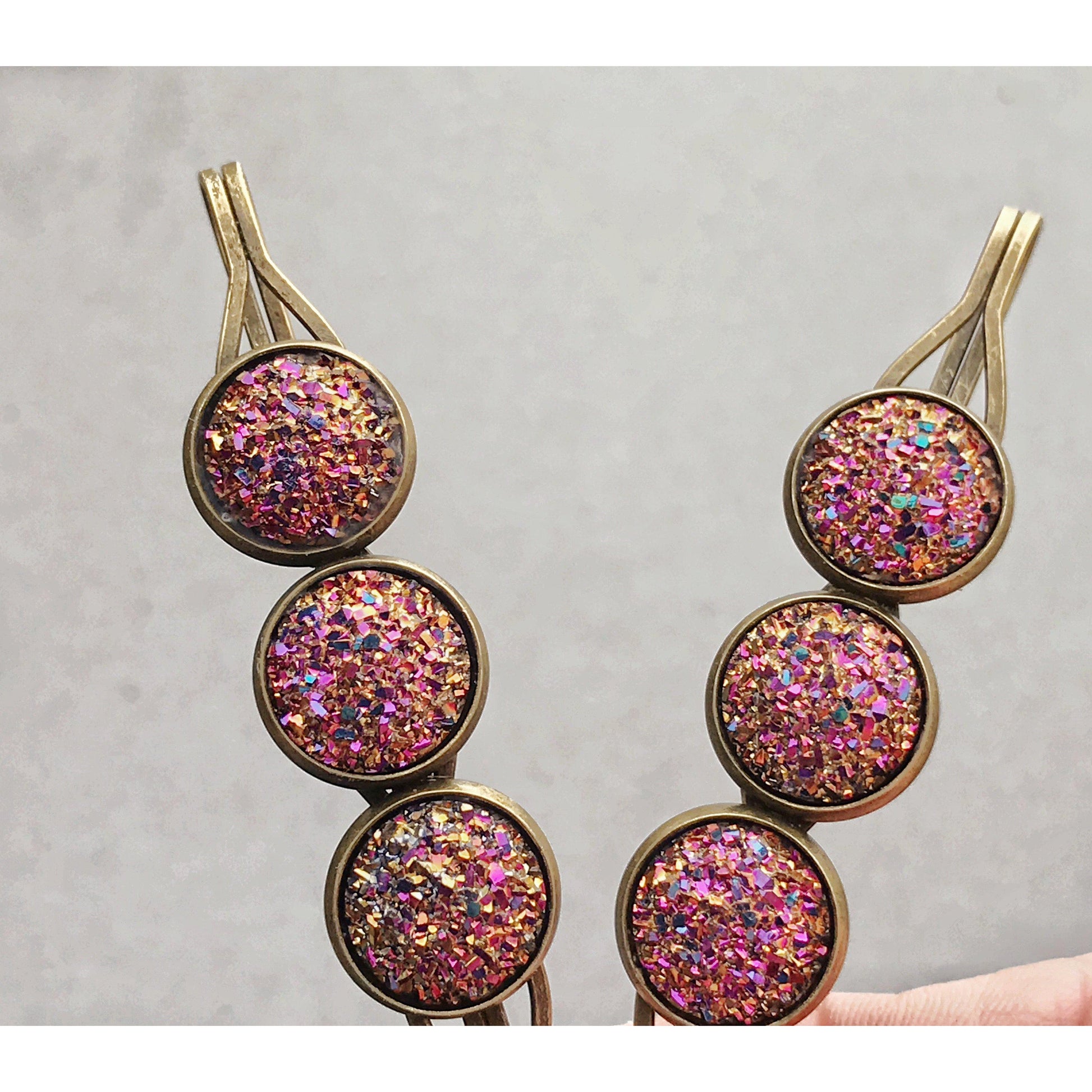 Pink Metallic Glitter Druzy Hair Pins - Sparkling & Glamorous Hair Accessories