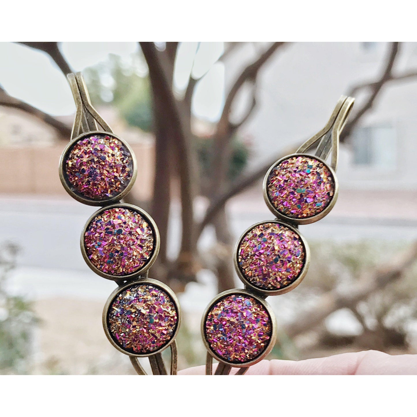 Pink Metallic Glitter Druzy Hair Pins - Sparkling & Glamorous Hair Accessories