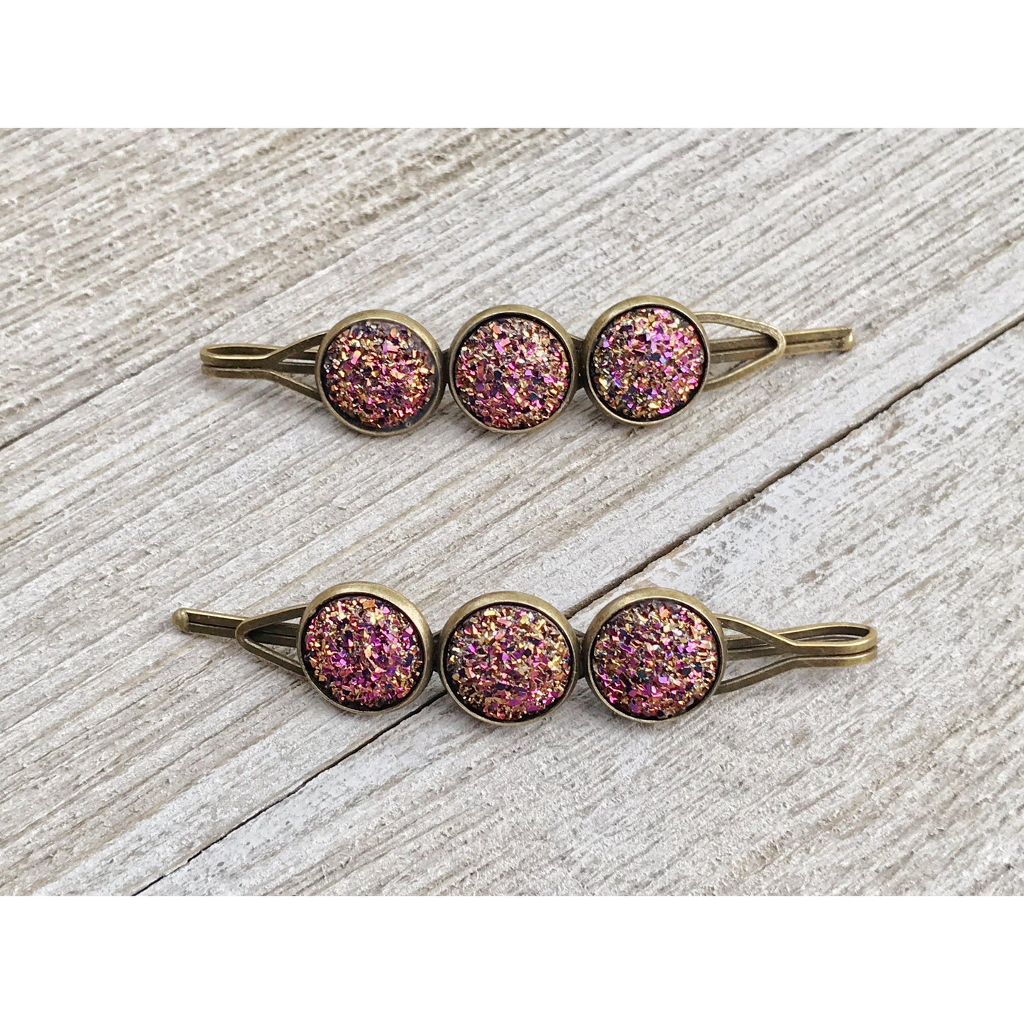 Pink Metallic Glitter Druzy Hair Pins - Sparkling & Glamorous Hair Accessories