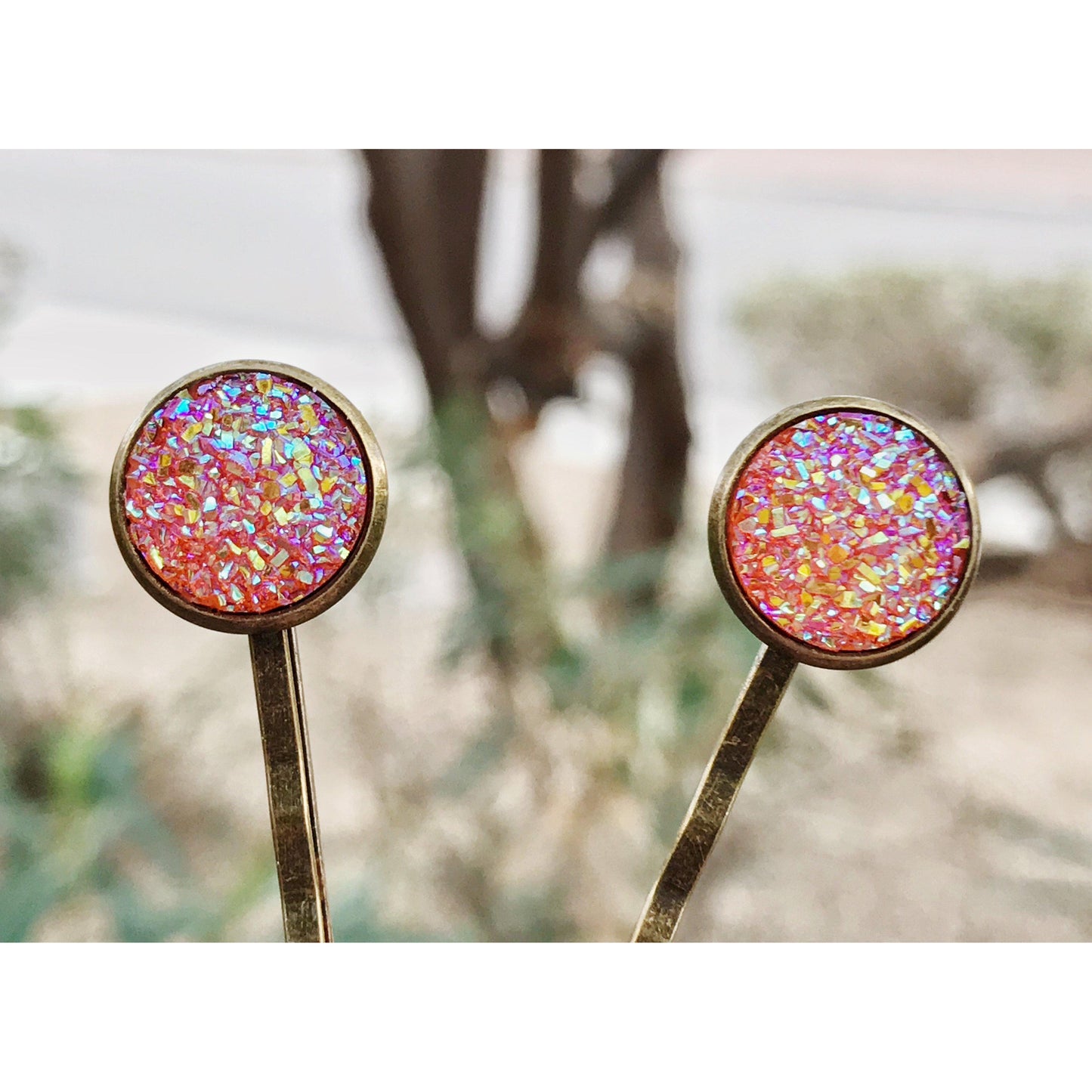 Orange Glitter Druzy Brass Hair Pins - Sparkling & Stylish Hair Accessories