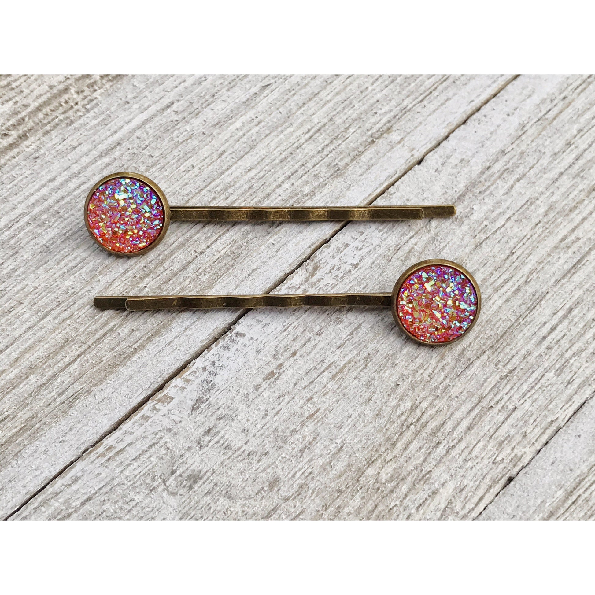 Orange Glitter Druzy Brass Hair Pins - Sparkling & Stylish Hair Accessories