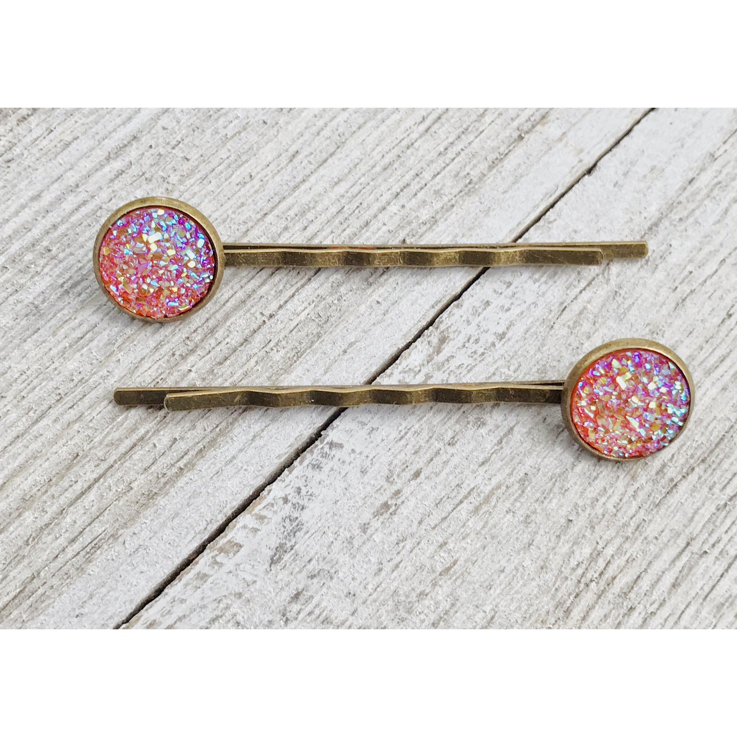 Orange Glitter Druzy Brass Hair Pins - Sparkling & Stylish Hair Accessories