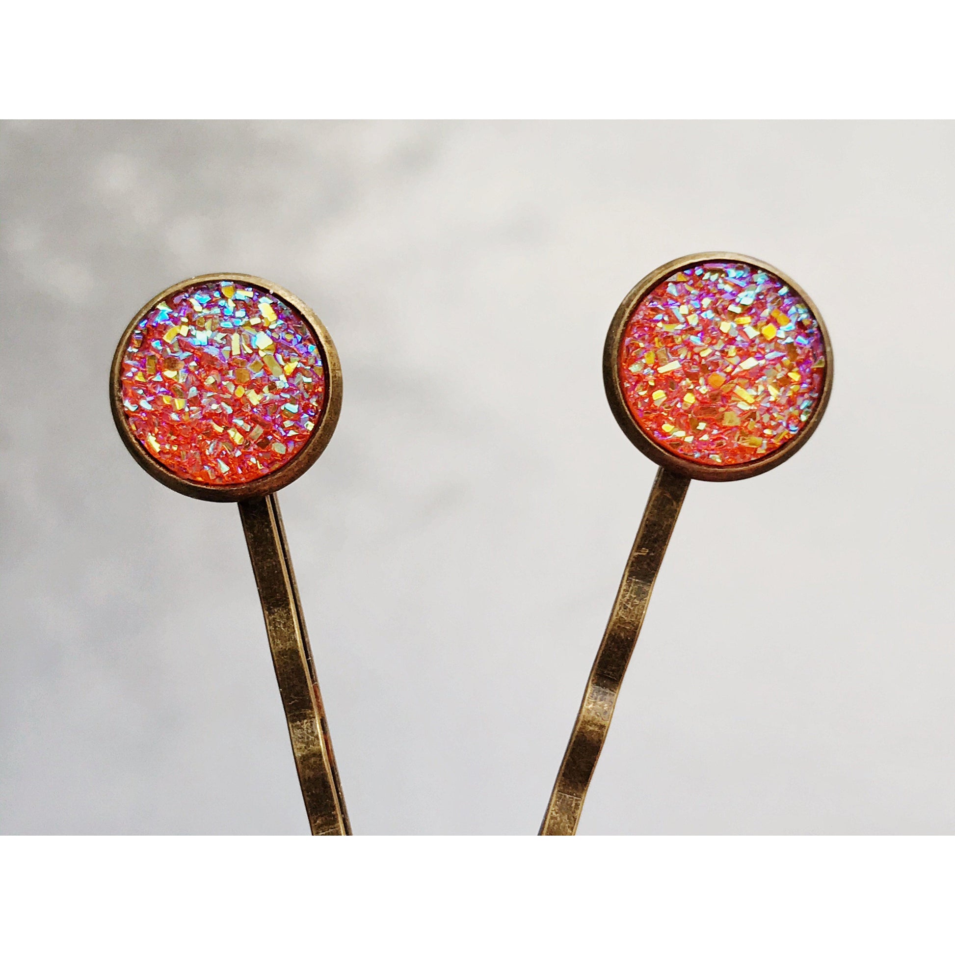 Orange Glitter Druzy Brass Hair Pins - Sparkling & Stylish Hair Accessories