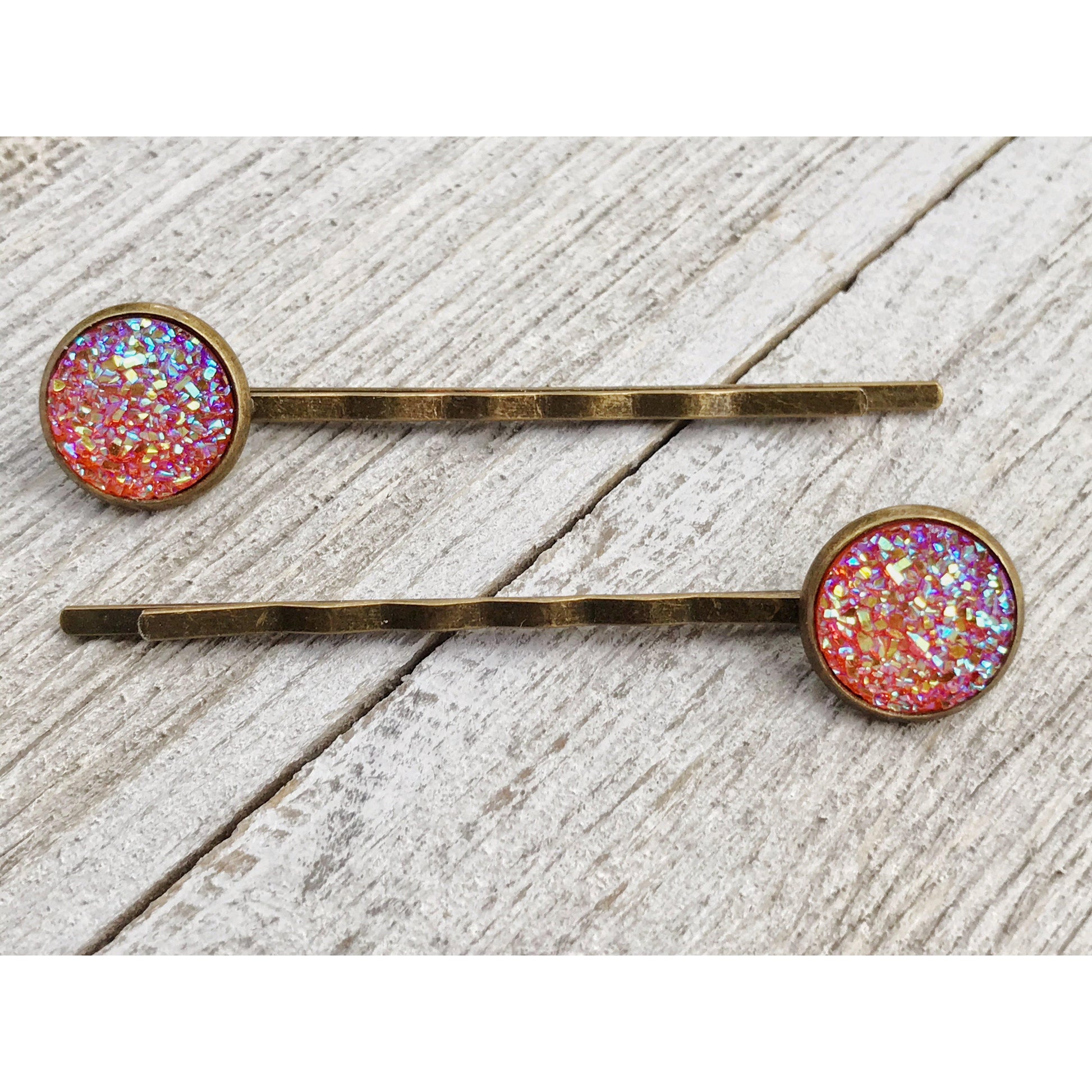 Orange Glitter Druzy Brass Hair Pins - Sparkling & Stylish Hair Accessories