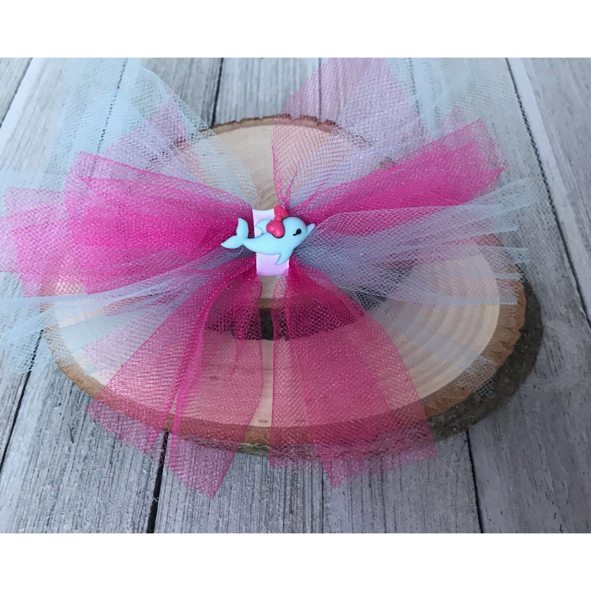 Pink & Blue Glitter Tulle Hair Bow with Dolphin Embellishment - Sparkling & Whimsical Hair Accessory