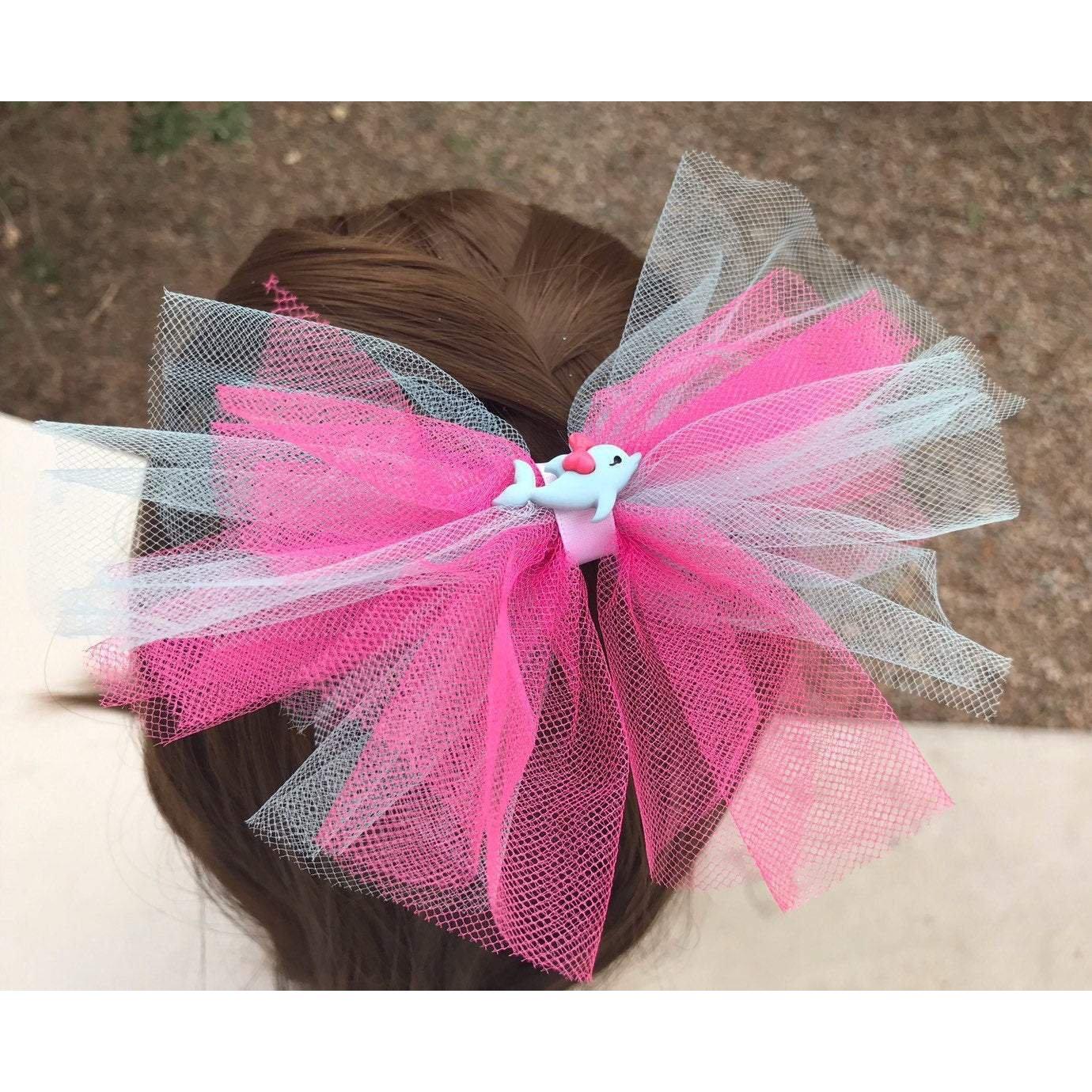 Pink & Blue Glitter Tulle Hair Bow with Dolphin Embellishment - Sparkling & Whimsical Hair Accessory