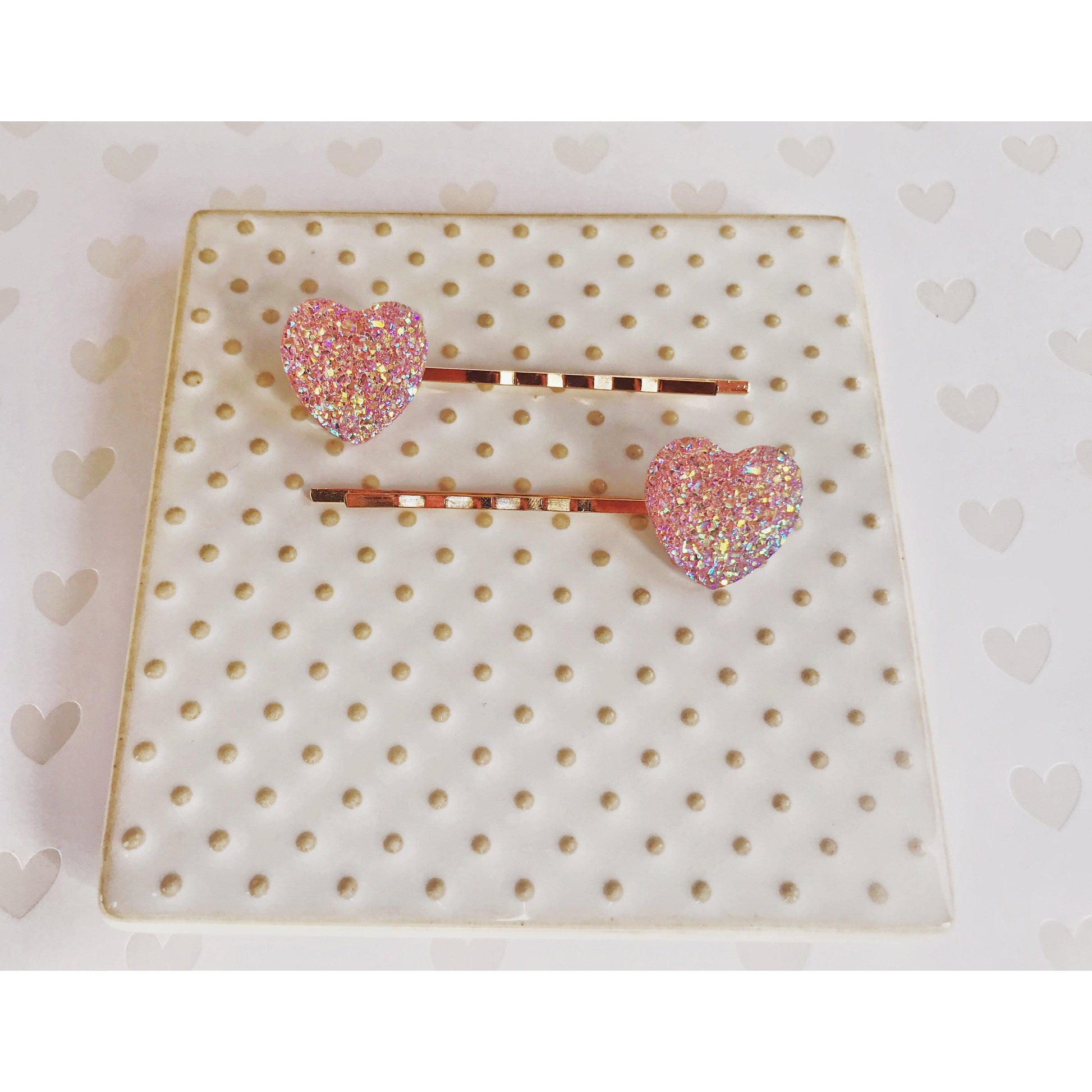 Pink Glitter Druzy Heart Hair Pins - Sparkling & Romantic Accessories