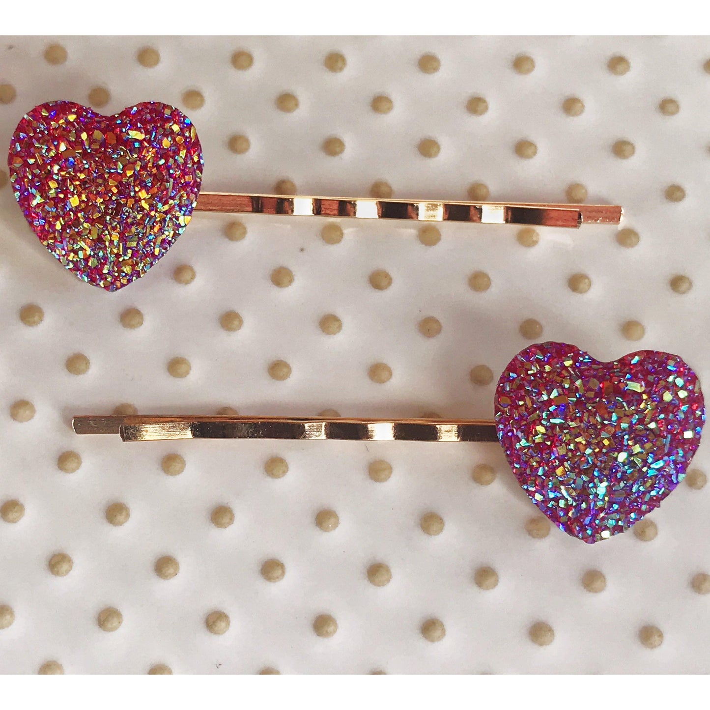 Pink Glitter Druzy Heart Hair Pins - Sparkling & Romantic Accessories