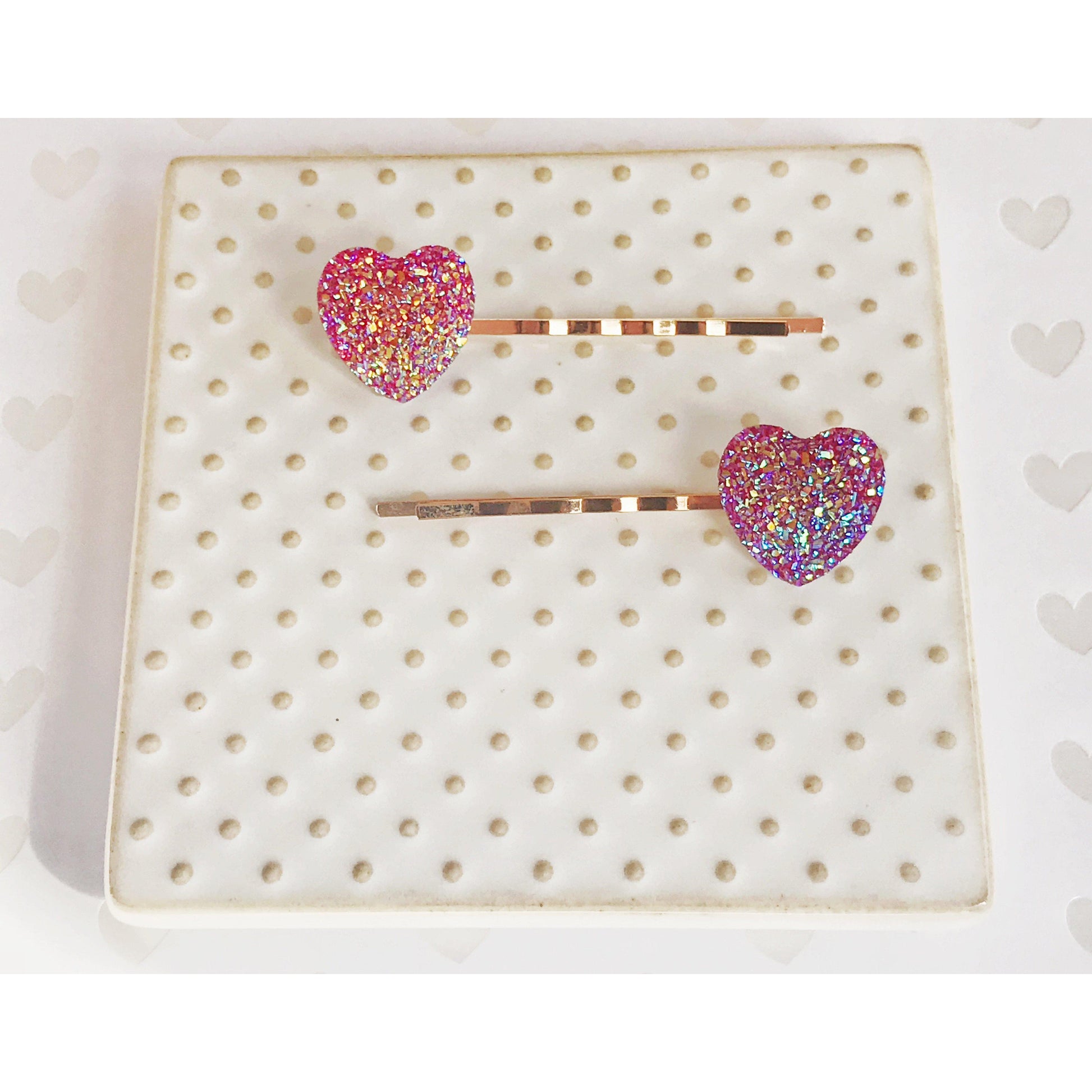 Pink Glitter Druzy Heart Hair Pins - Sparkling & Romantic Accessories