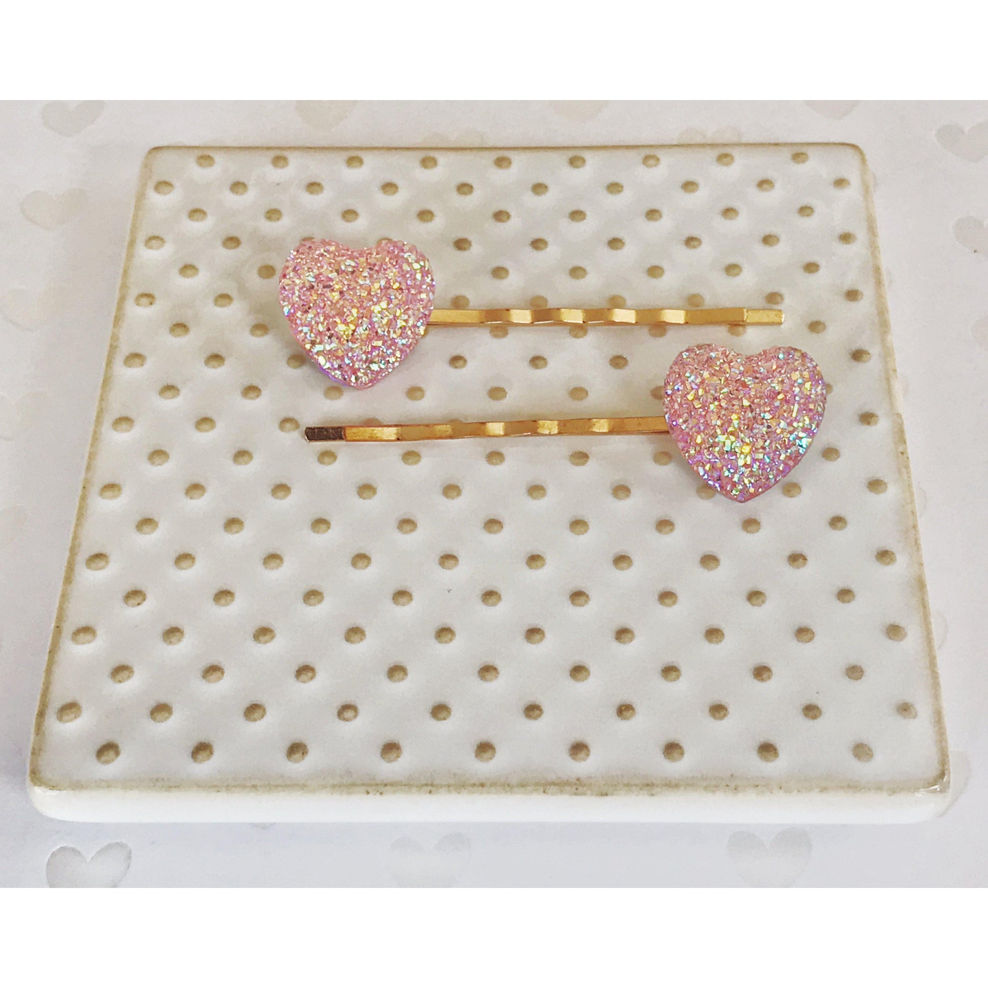 Pink Glitter Druzy Heart Hair Pins - Sparkling & Romantic Accessories