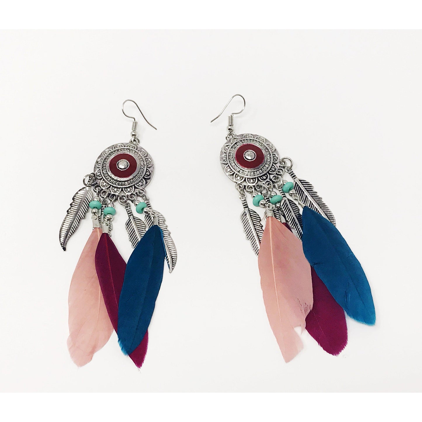 Pink & Blue Feather Medallion Dangle Earrings - Stylish Bohemian Accessories