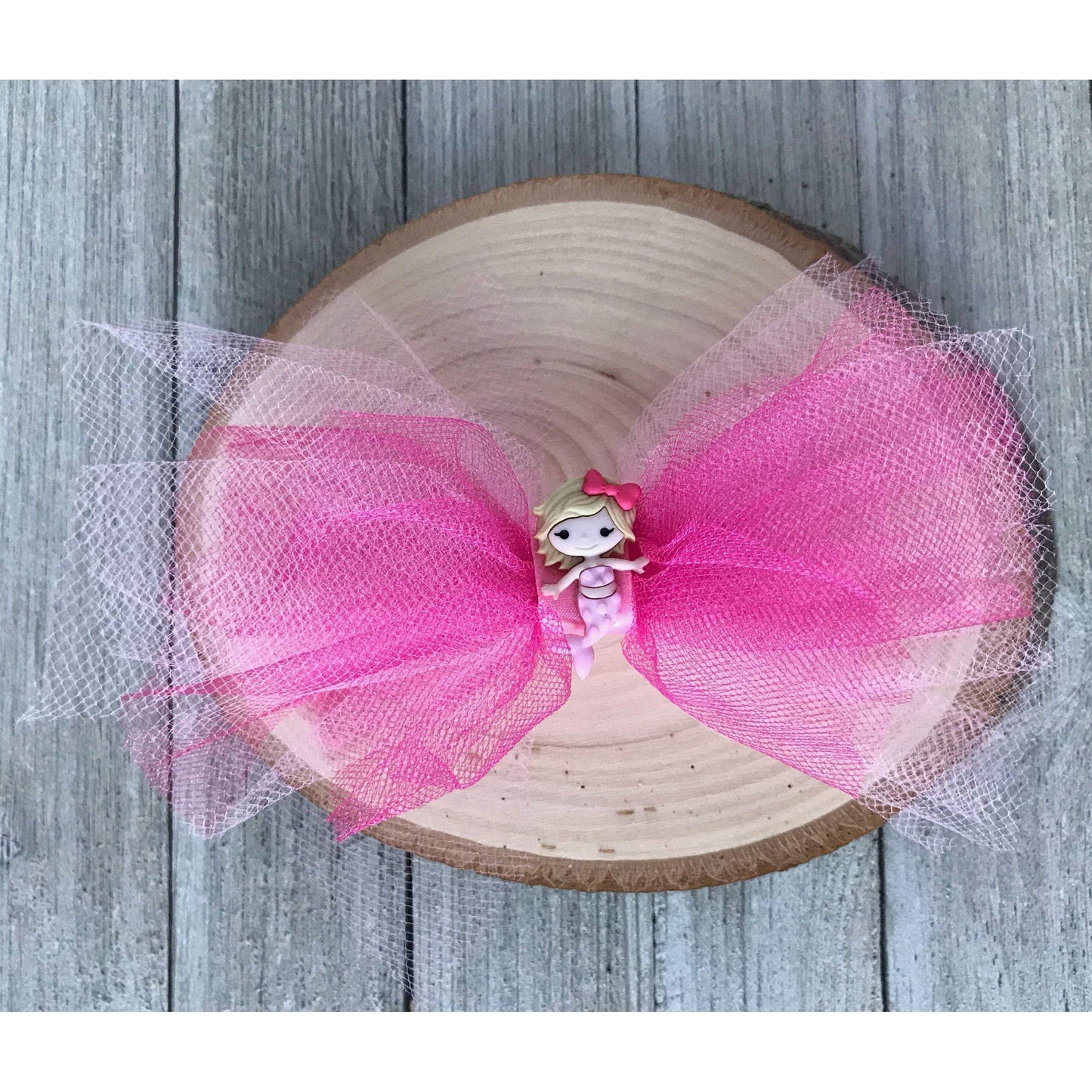 Pink Tulle Hair Bow with Mermaid Embellishment - Whimsical and Playful Hair Accessory