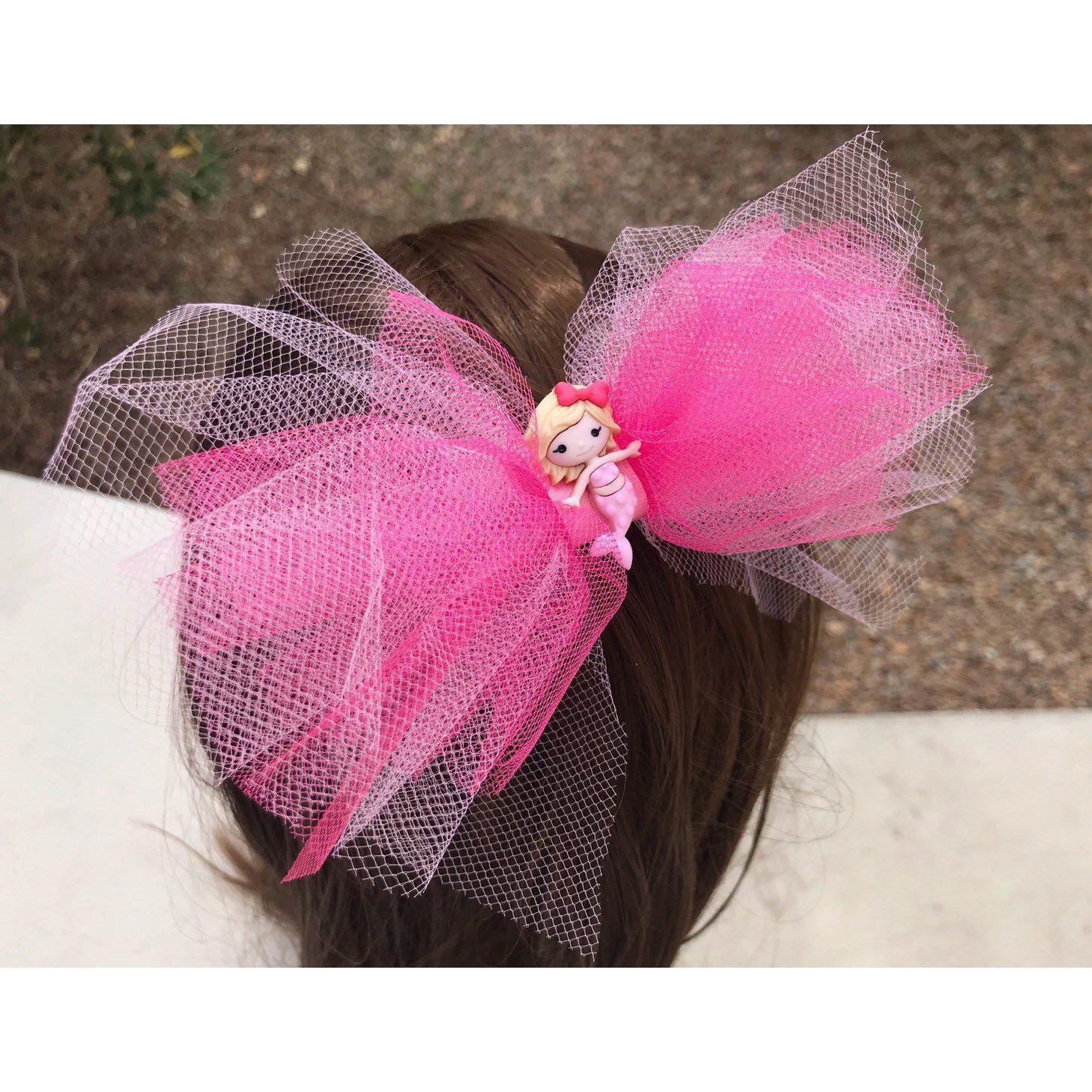 Pink Tulle Hair Bow with Mermaid Embellishment - Whimsical and Playful Hair Accessory