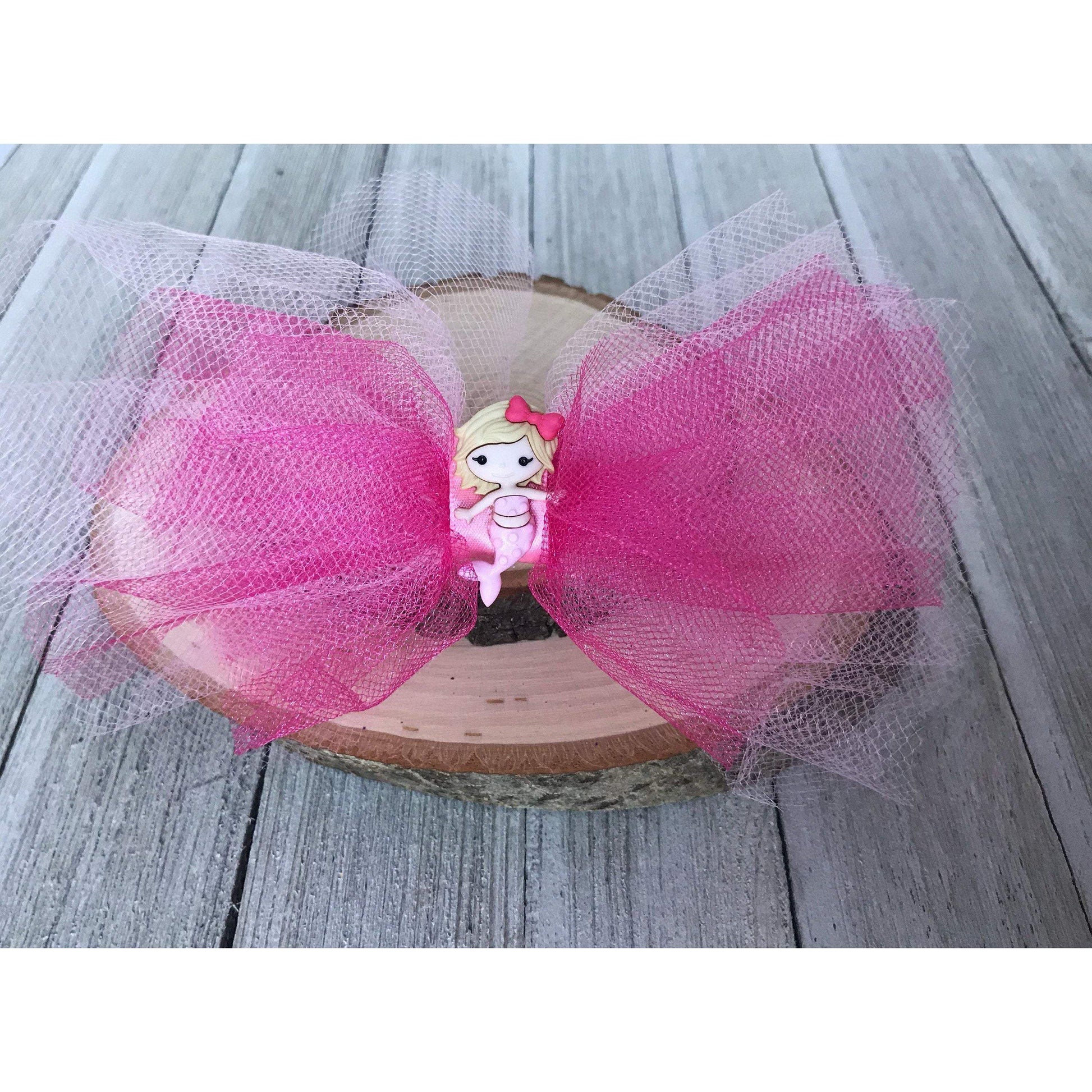 Pink Tulle Hair Bow with Mermaid Embellishment - Whimsical and Playful Hair Accessory