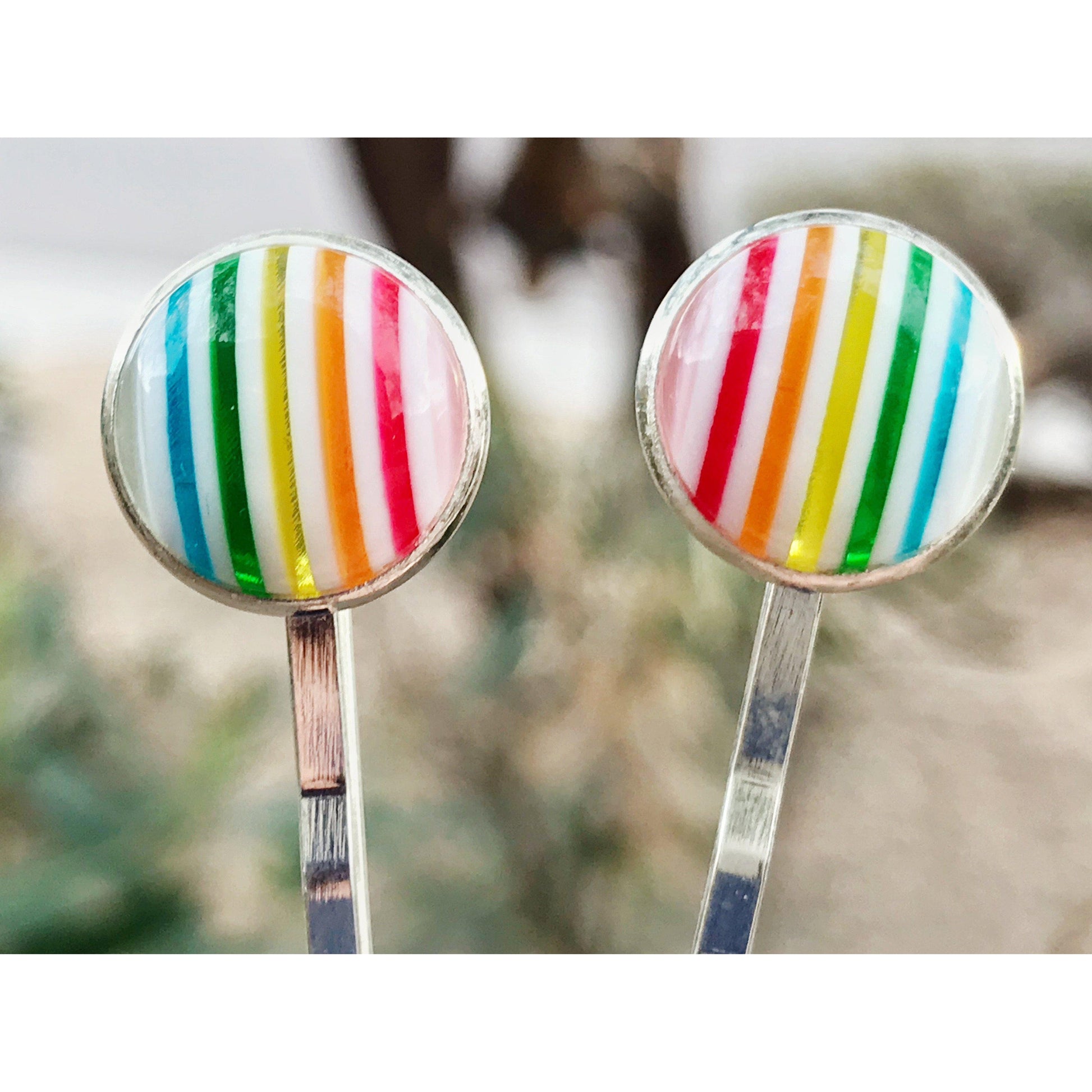 Rainbow Striped Brass Hair Pins - Colorful and Stylish Accessories