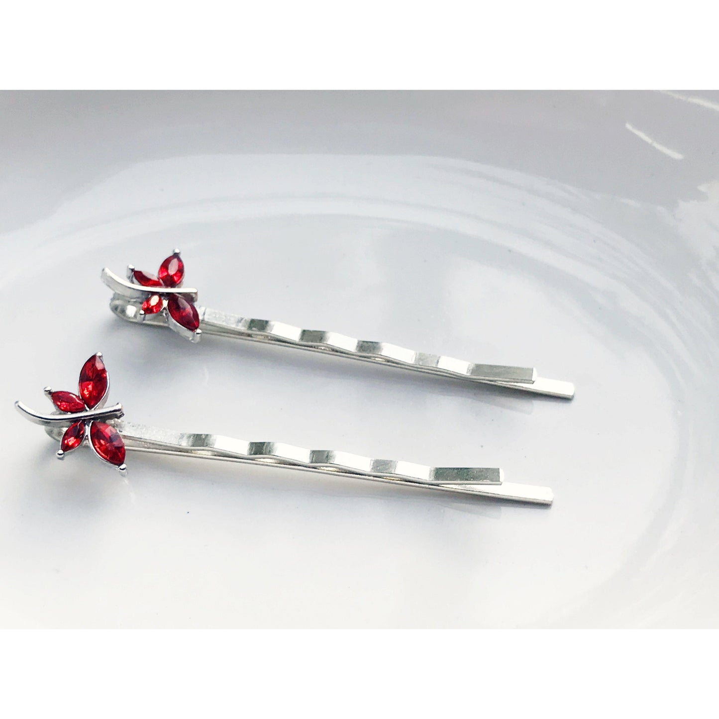 Red Rhinestone Dragonfly Hair Pins - Delicate Accents for Elegant Hairstyles