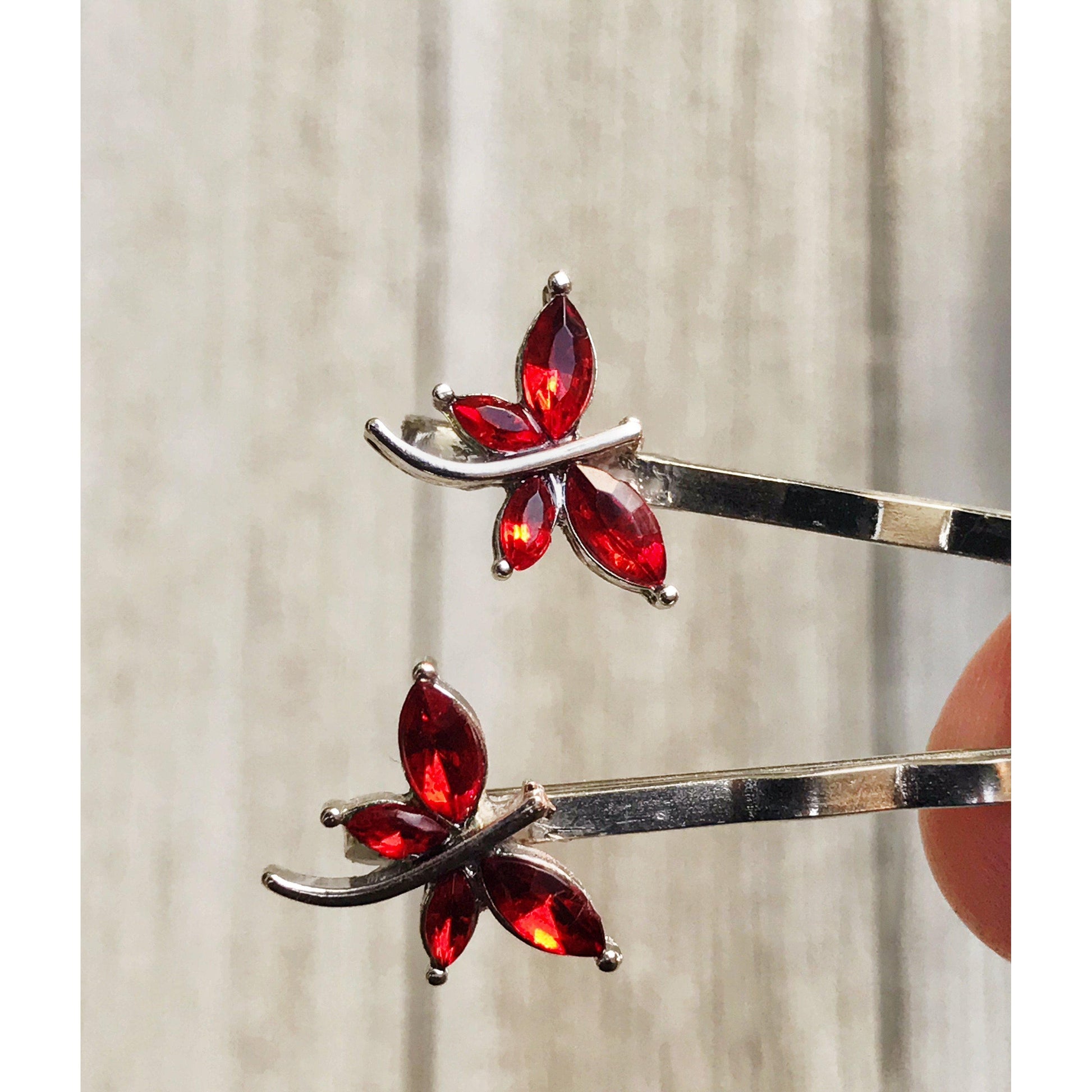 Red Rhinestone Dragonfly Hair Pins - Delicate Accents for Elegant Hairstyles