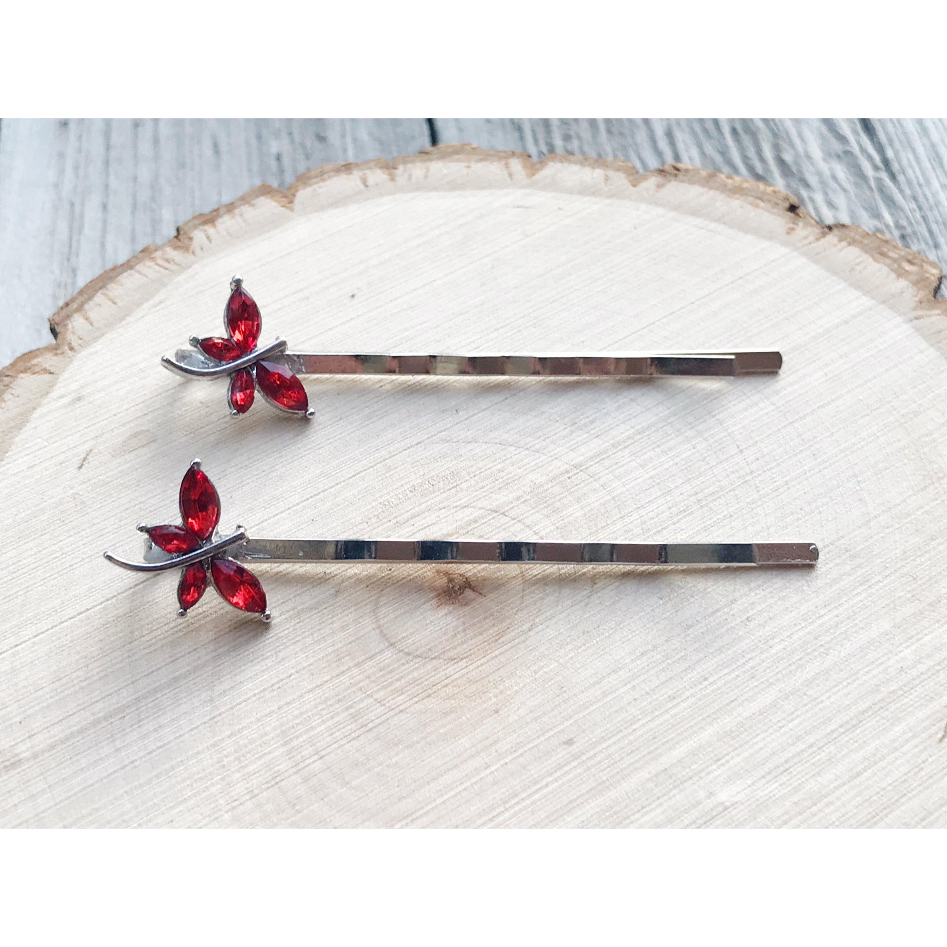 Red Rhinestone Dragonfly Hair Pins - Delicate Accents for Elegant Hairstyles