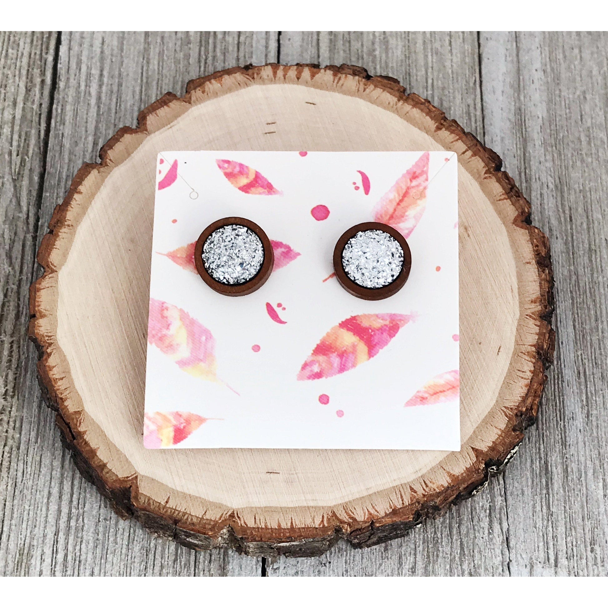 Silver Druzy Wood Stud Earrings: Stylish & Natural Accents for Everyday Wear